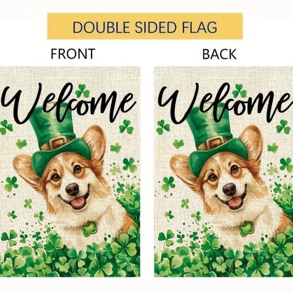 St Patricks Day Corgi Dog Garden Flag Shamrock Clover Welcome Yard Holiday Decor - Picture 4 of 5